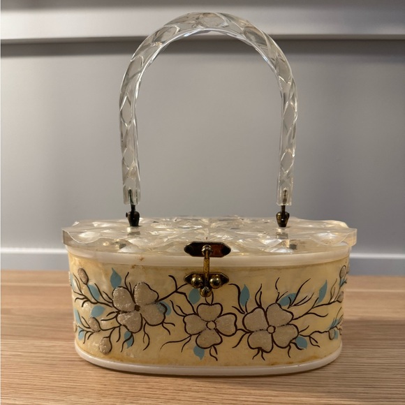 Unique Vintage Handbags - Vintage Floral Lucite Handbag with Clear Handles